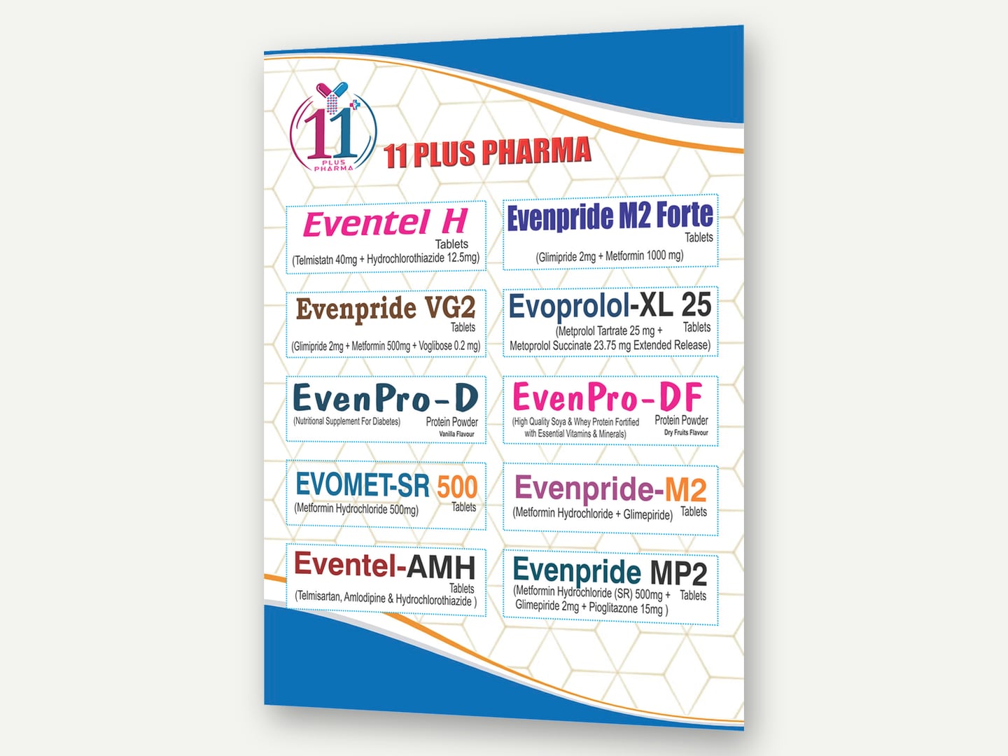 11 Plus Pharma — Product glossary card — Glossary card designed and printed by Daffodil Design & Prints, Bengaluru
