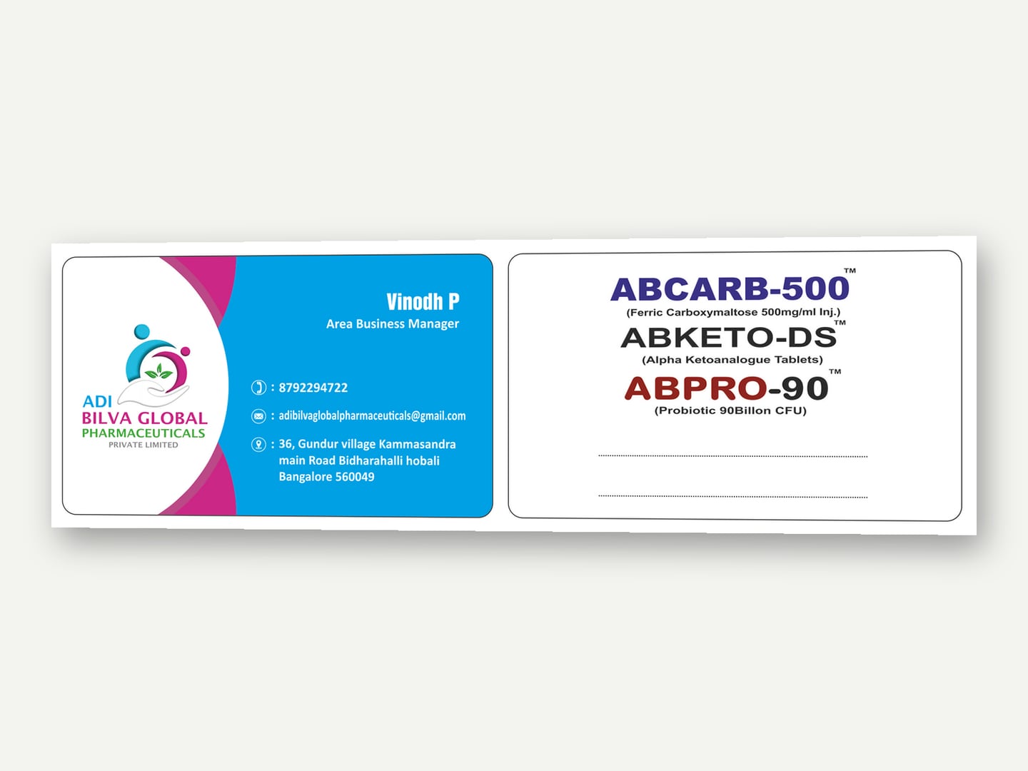 Adibilva Global Pharmaceuticals — Business card — Stationery designed and printed by Daffodil Design & Prints, Bengaluru