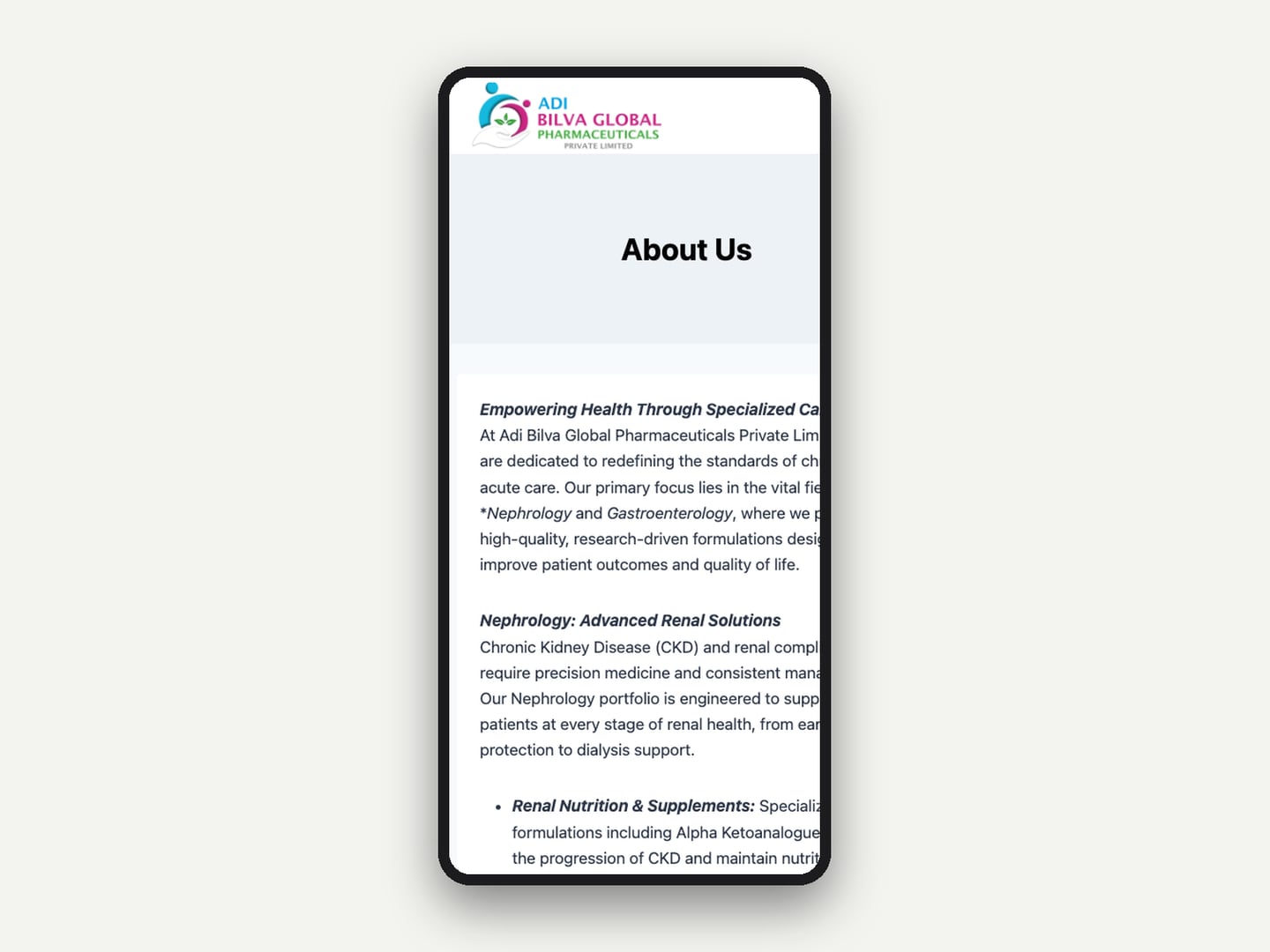 Adibilva Global Pharmaceuticals — Website — mobile