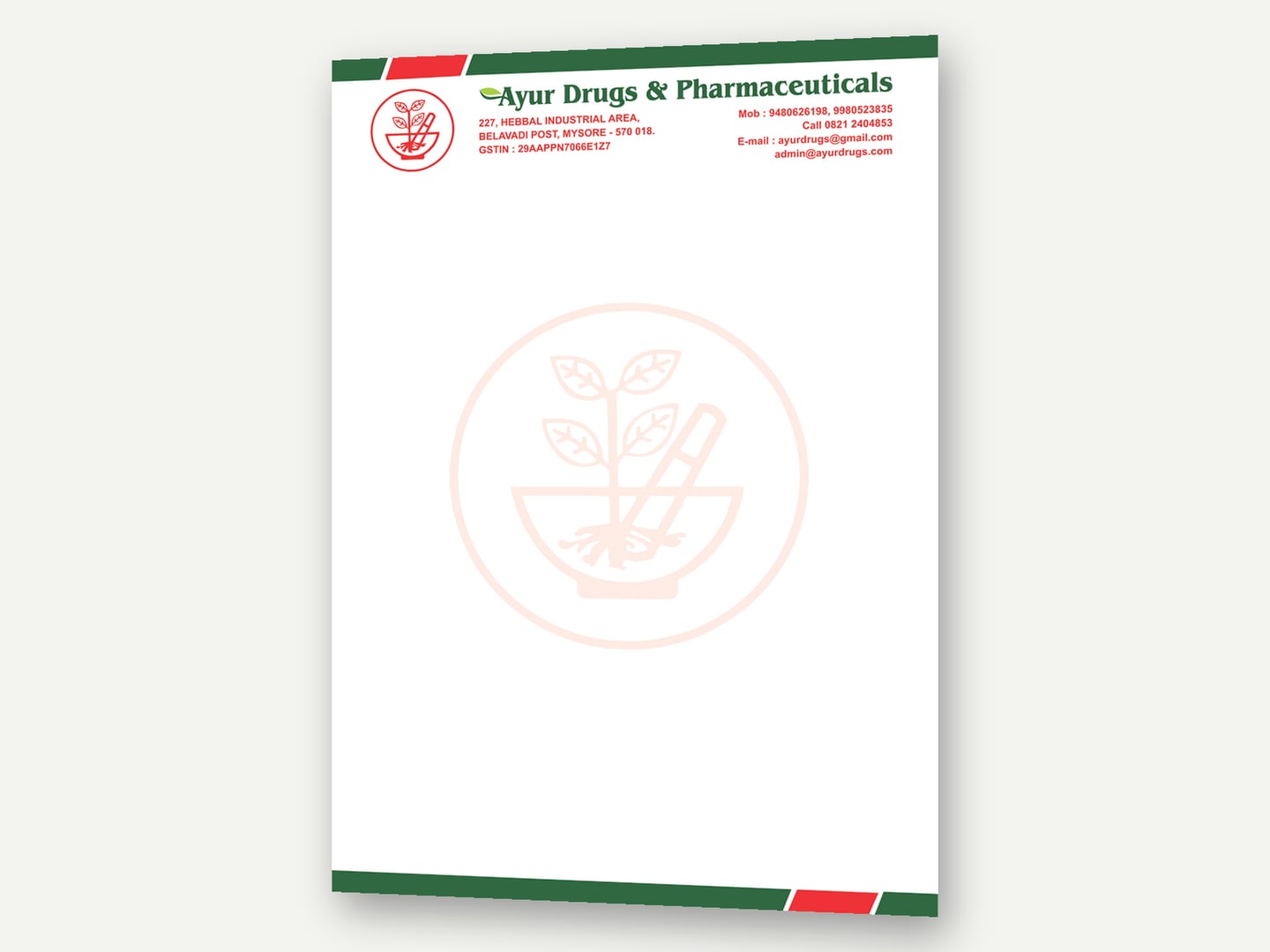 Ayur Drugs & Pharmaceuticals — Letterhead — Stationery designed and printed by Daffodil Design & Prints, Bengaluru