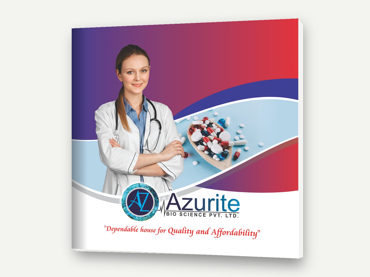 Azurite Bioscience — Azurite Bio Science visual-aid cover — 'Dependable house for Quality and Affordability' — Visual aid designed and printed by Daffodil Design & Prints, Bengaluru