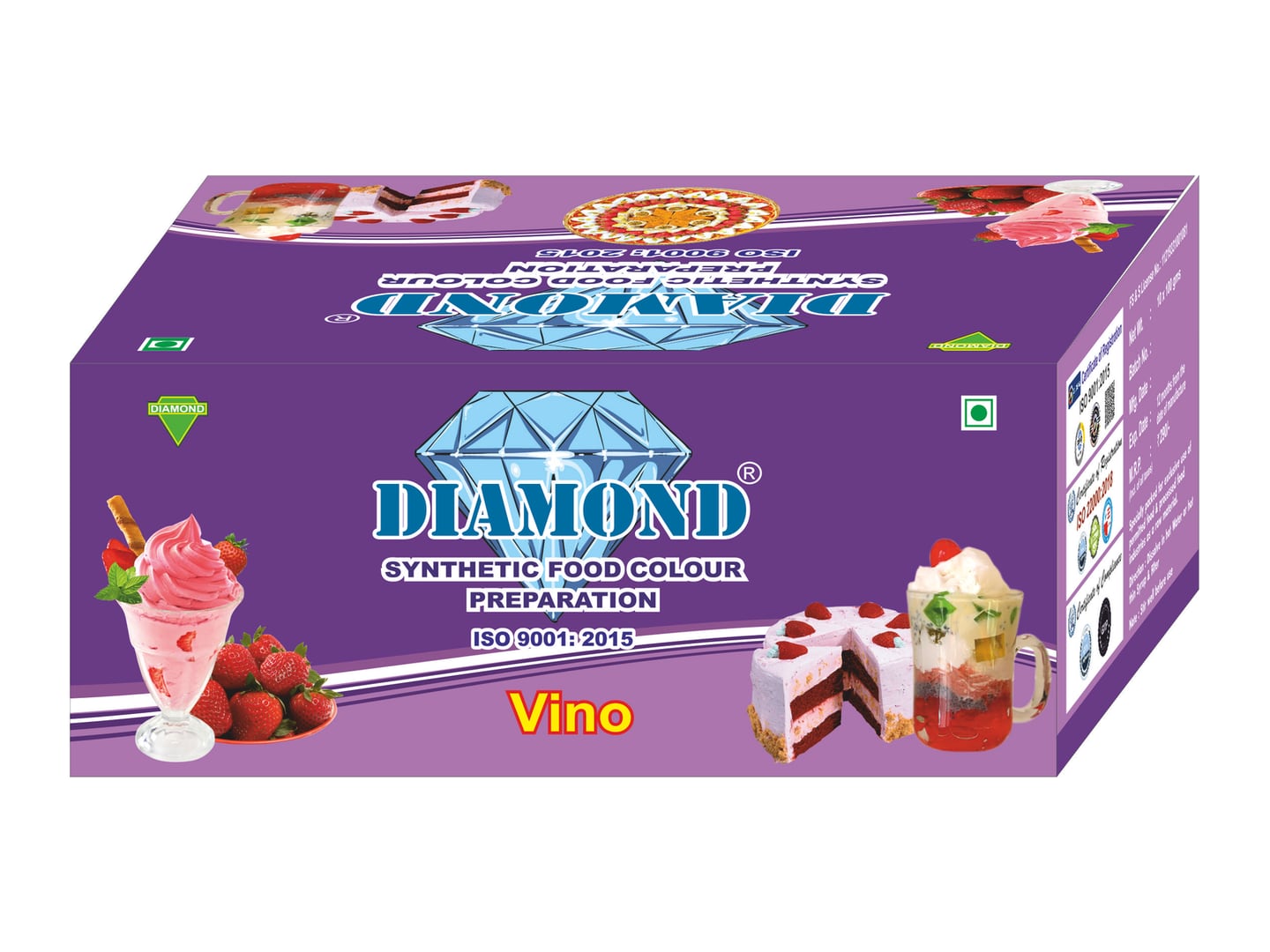 Diamond Food Colours — Diamond Vino synthetic food colour carton — Carton designed and printed by Daffodil Design & Prints, Bengaluru