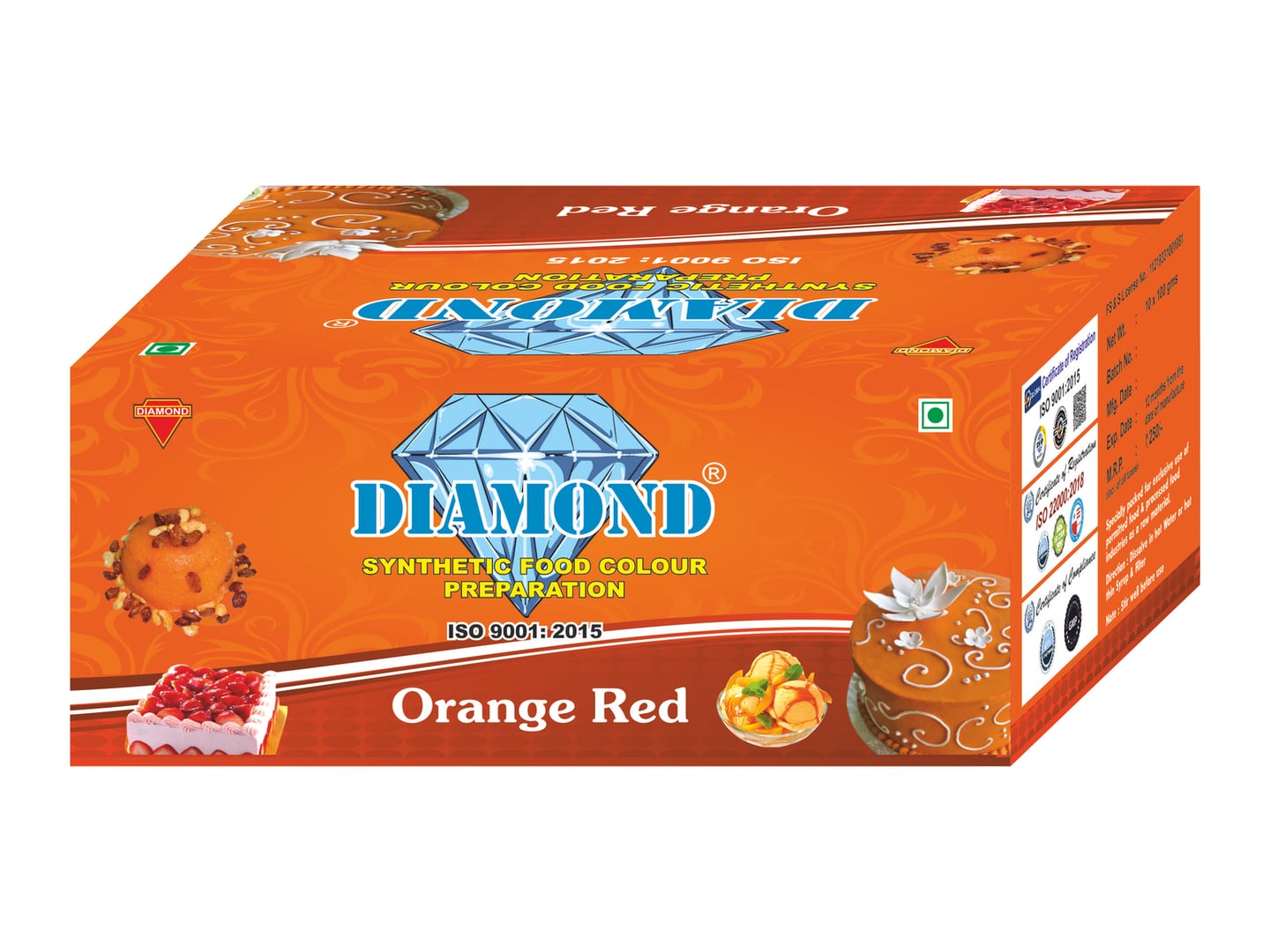 Diamond Food Colours — Diamond Orange Red synthetic food colour carton — Carton designed and printed by Daffodil Design & Prints, Bengaluru