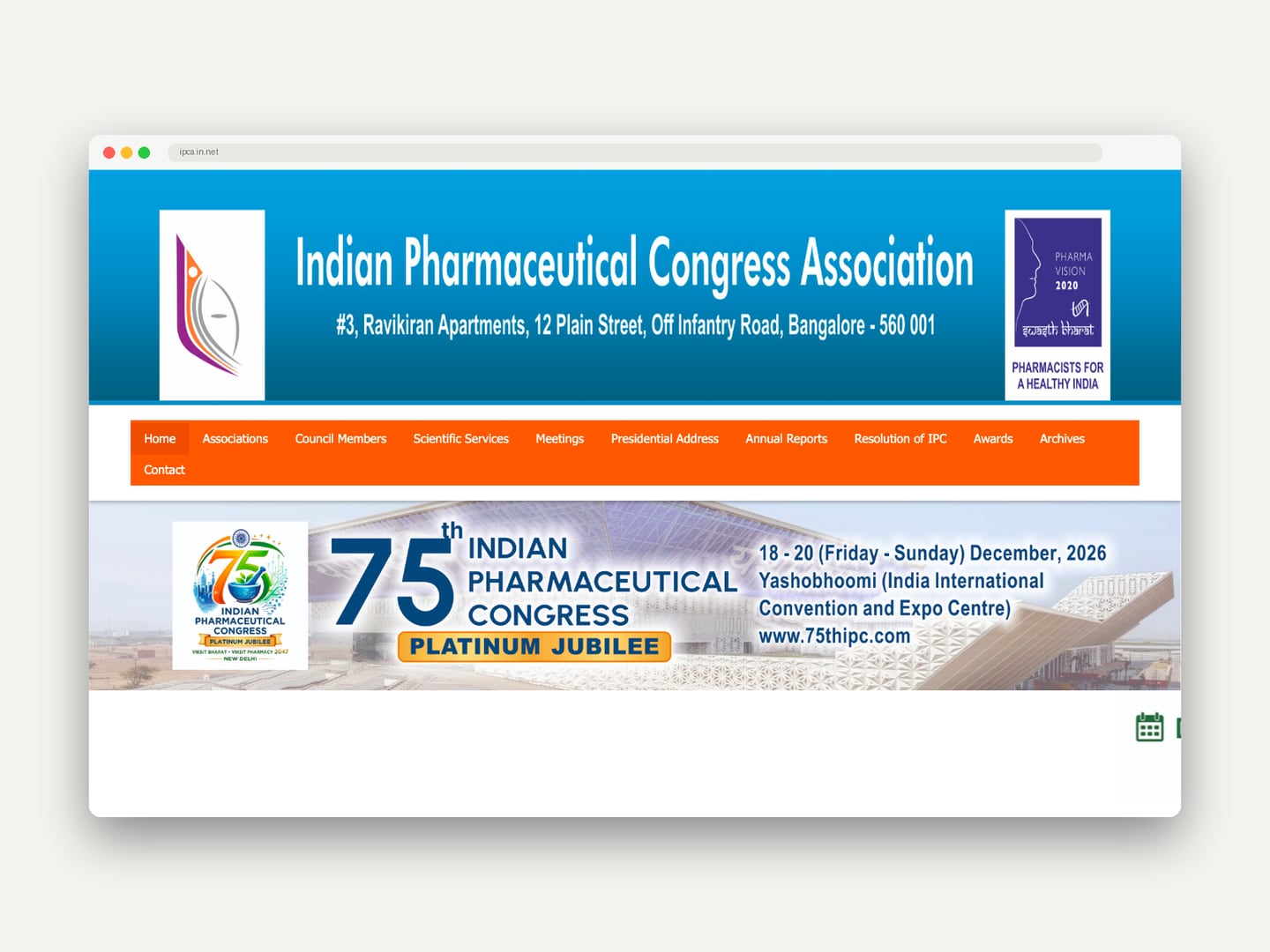 Indian Pharmaceutical Congress Association — Website — Website designed and printed by Daffodil Design & Prints, Bengaluru
