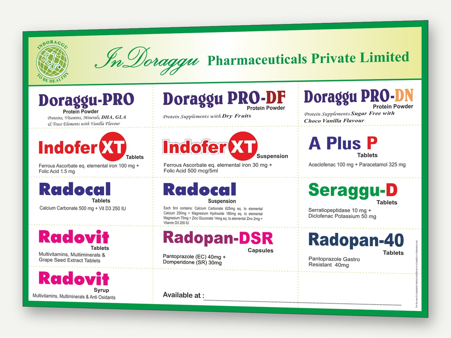 InDoraggu Pharmaceuticals — Product glossary card — Glossary card designed and printed by Daffodil Design & Prints, Bengaluru