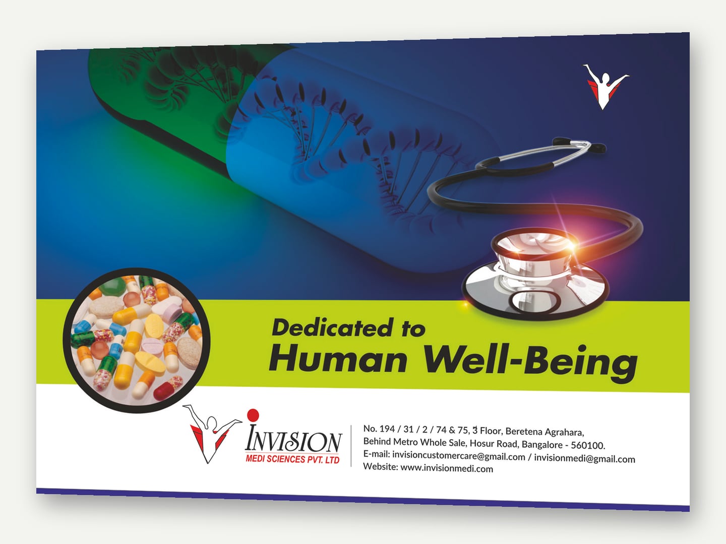 Invision Medi Sciences — 'Dedicated to Human Well-Being' cover (A4 landscape, single panel) — Visual aid designed and printed by Daffodil Design & Prints, Bengaluru