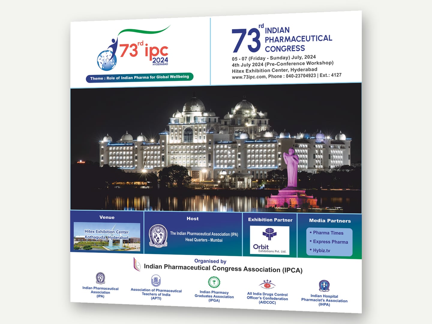 Indian Pharmaceutical Congress Association / Indian Pharmaceutical Association — 73rd Indian Pharmaceutical Congress 2024, Hyderabad — 'Role of Indian Pharma for Global Wellbeing' — Brochure designed and printed by Daffodil Design & Prints, Bengaluru