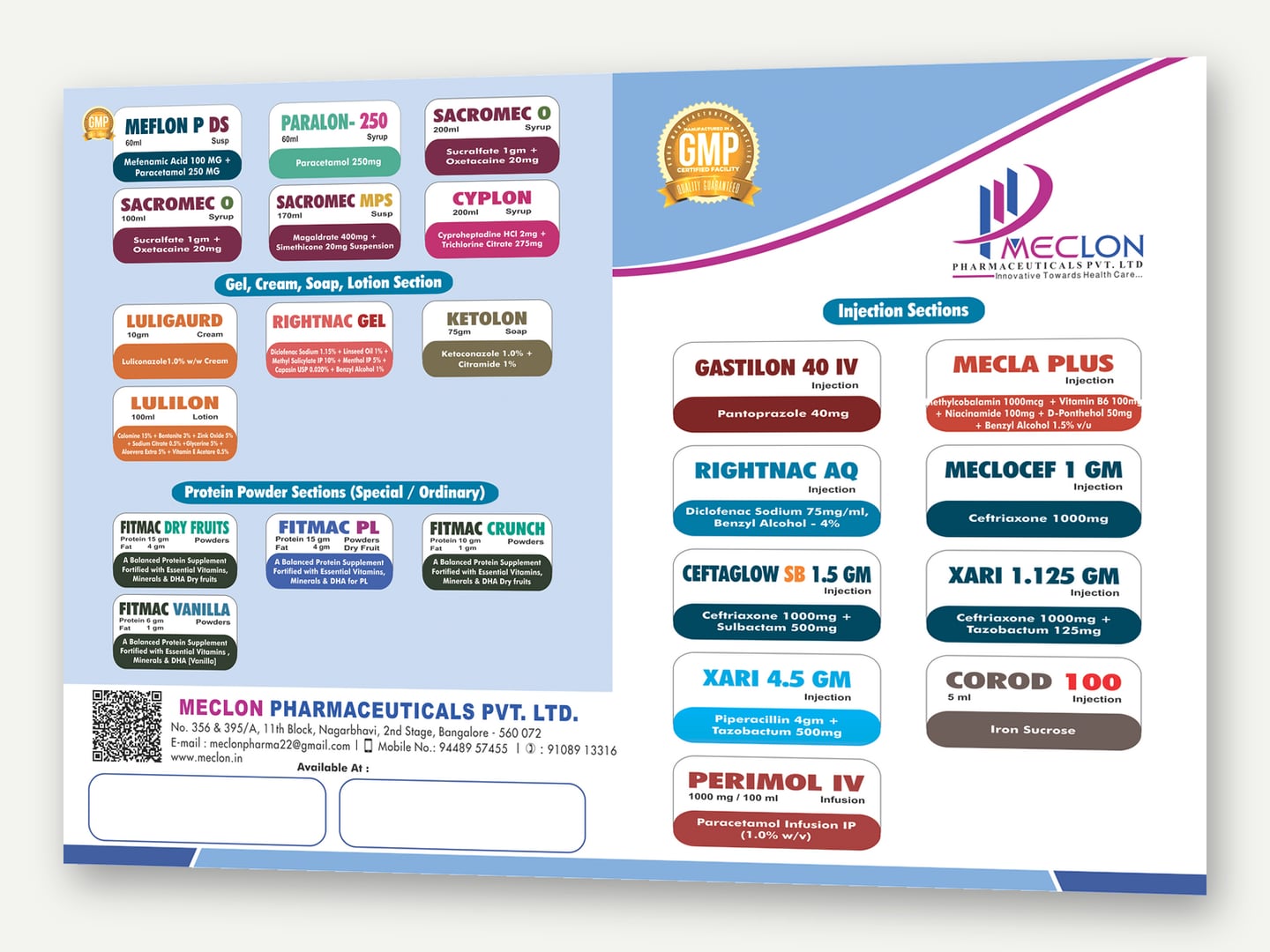 Meclon Pharmaceuticals — Product glossary spread — Glossary card designed and printed by Daffodil Design & Prints, Bengaluru