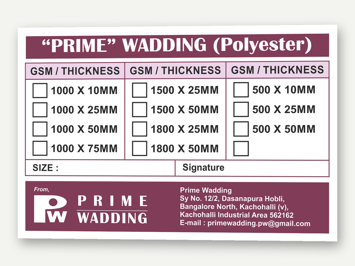 Prime Wadding — Polyester wadding roll label — Label designed and printed by Daffodil Design & Prints, Bengaluru