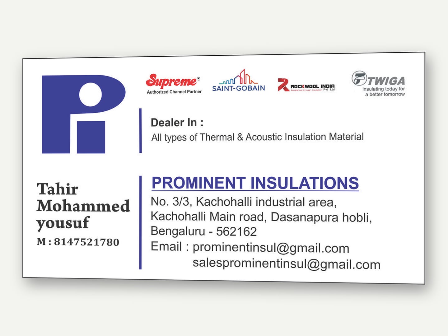 Prominent Insulations — Business card — Stationery designed and printed by Daffodil Design & Prints, Bengaluru