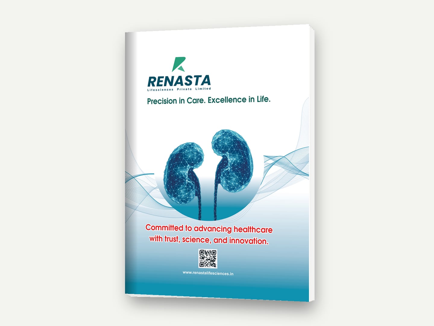 Renasta Lifesciences — 'Precision in Care. Excellence in Life.' visual-aid cover — Visual aid designed and printed by Daffodil Design & Prints, Bengaluru