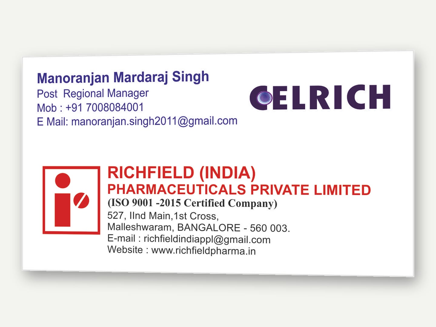 Richfield Pharmaceuticals — Business card — Stationery designed and printed by Daffodil Design & Prints, Bengaluru