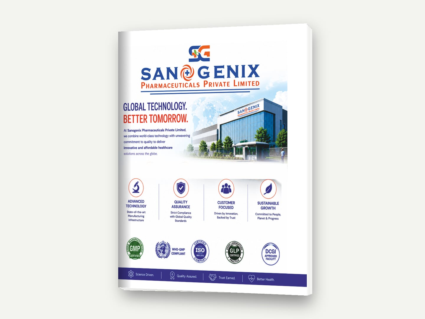 Sanogenix Pharmaceuticals — 'Global Technology. Better Tomorrow.' visual-aid cover — Visual aid designed and printed by Daffodil Design & Prints, Bengaluru