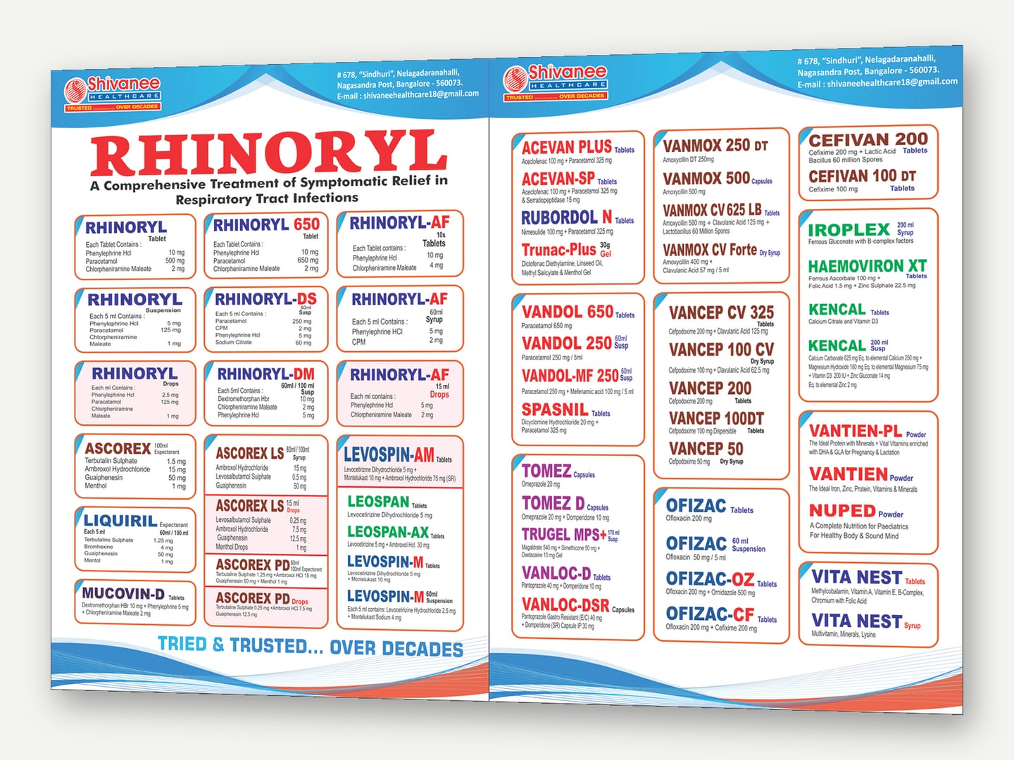 Shivanee Healthcare — Product glossary spread — Glossary card designed and printed by Daffodil Design & Prints, Bengaluru