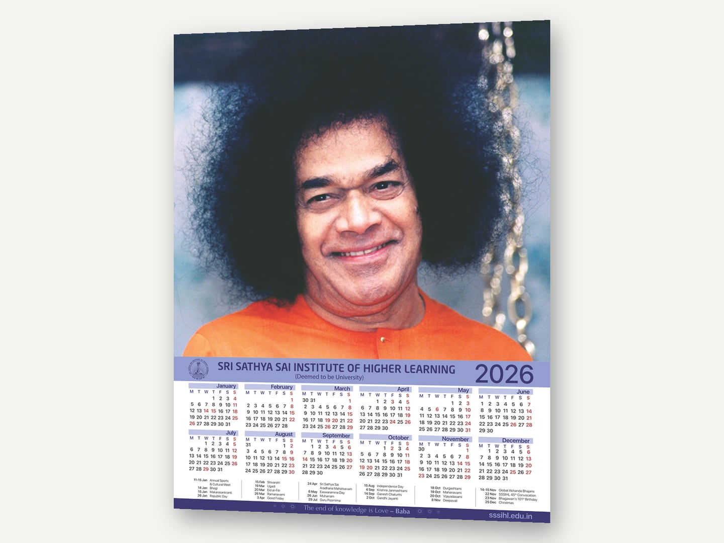 Sri Sathya Sai Institute of Higher Learning — Wall calendar 2026 — Calendar designed and printed by Daffodil Design & Prints, Bengaluru