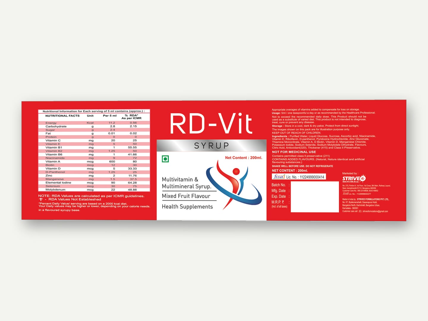 Striveo Health Care — RD-Vit syrup label — Label designed and printed by Daffodil Design & Prints, Bengaluru