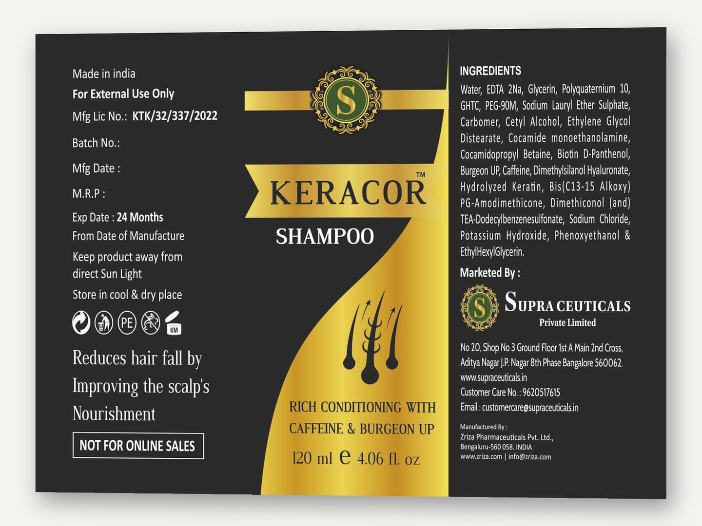 Supraceuticals — Keracor shampoo label — Label designed and printed by Daffodil Design & Prints, Bengaluru