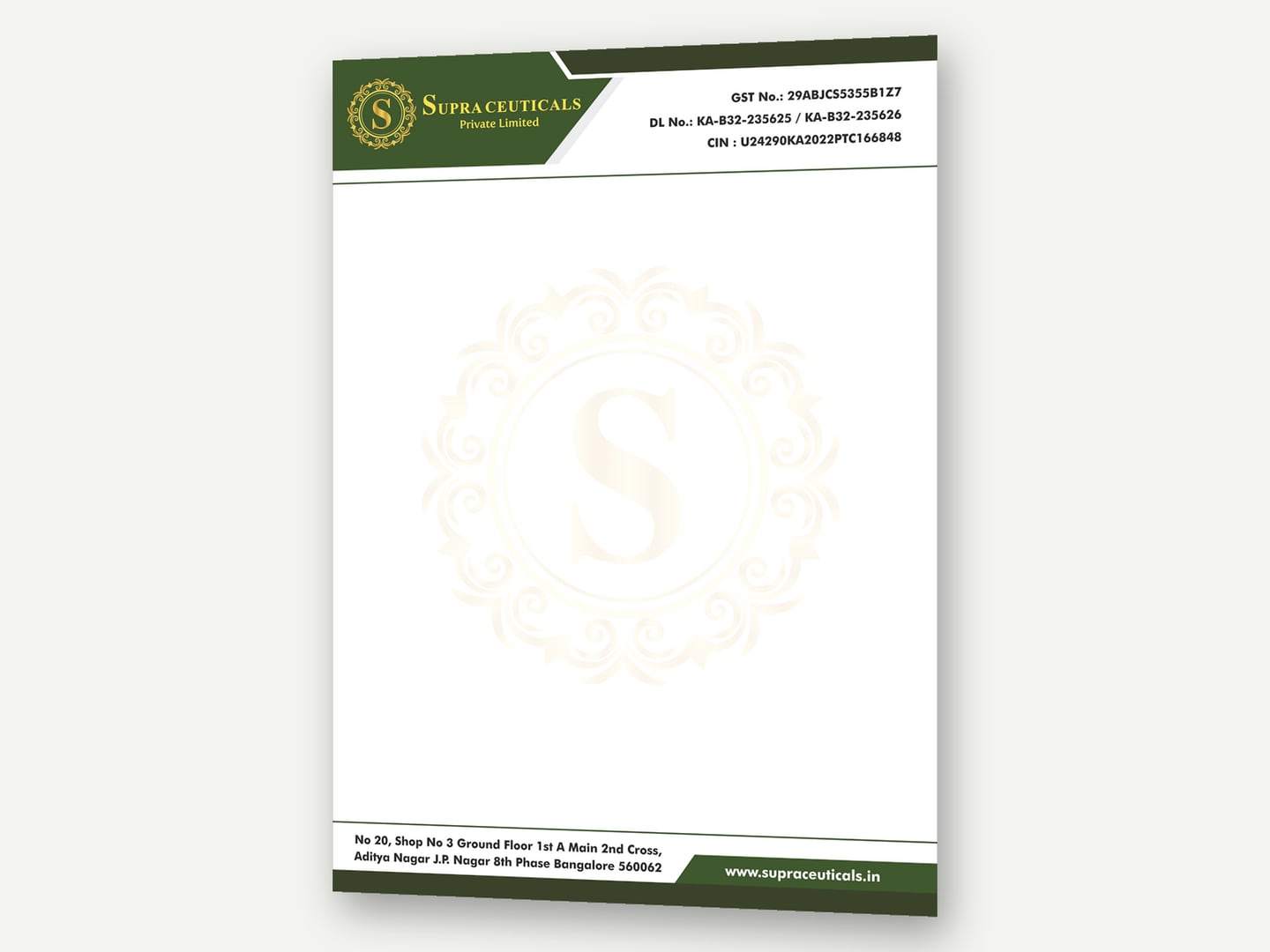 Supraceuticals — Letterhead — Stationery designed and printed by Daffodil Design & Prints, Bengaluru