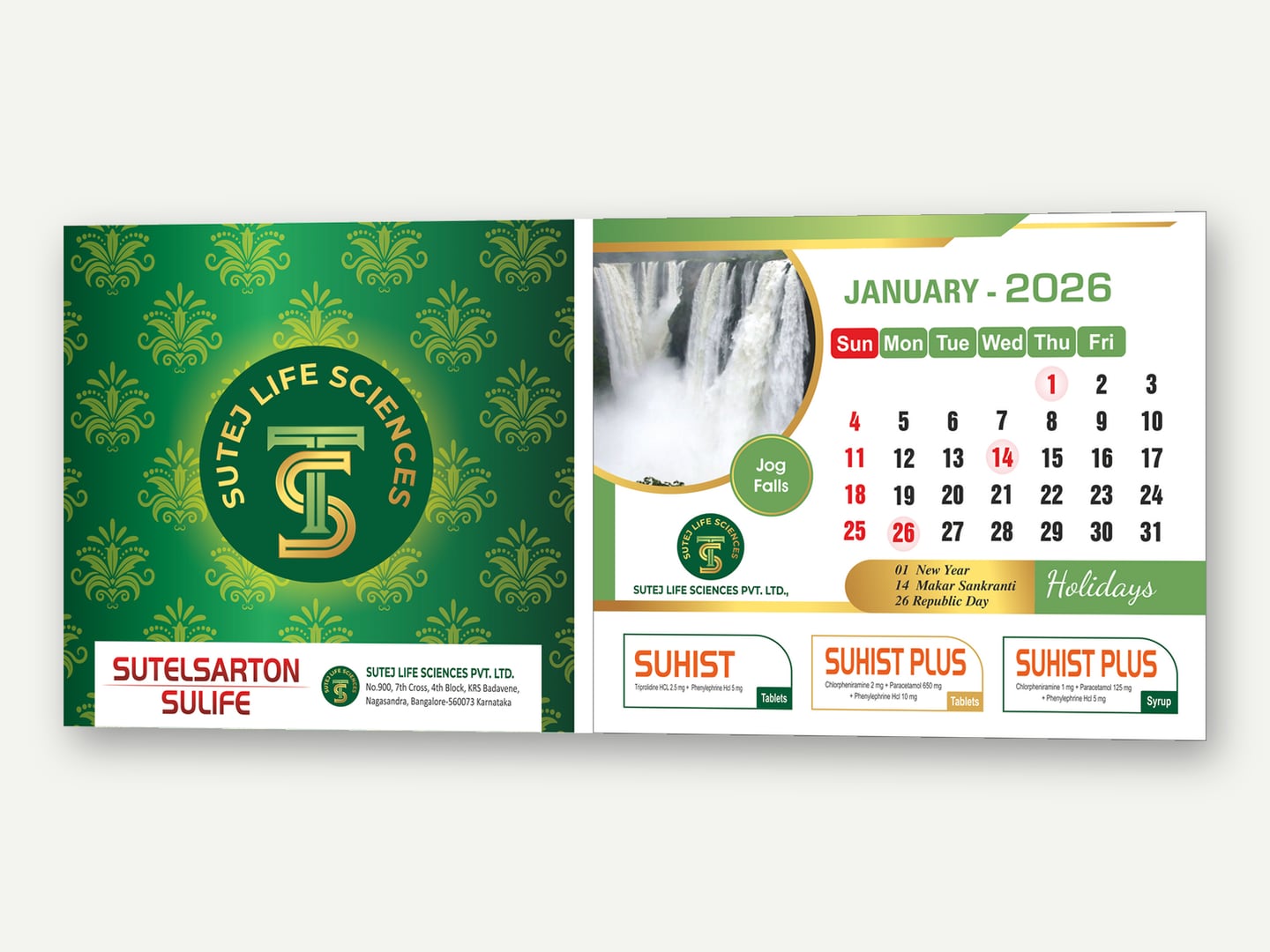 Sutej Life Sciences — Table calendar 2026 — Calendar designed and printed by Daffodil Design & Prints, Bengaluru