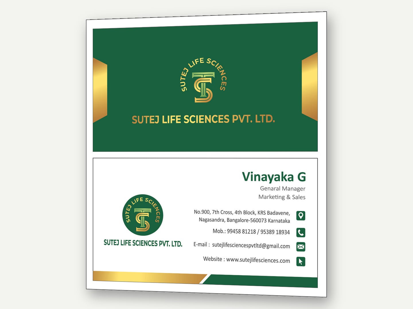 Sutej Life Sciences — Business card — Stationery designed and printed by Daffodil Design & Prints, Bengaluru