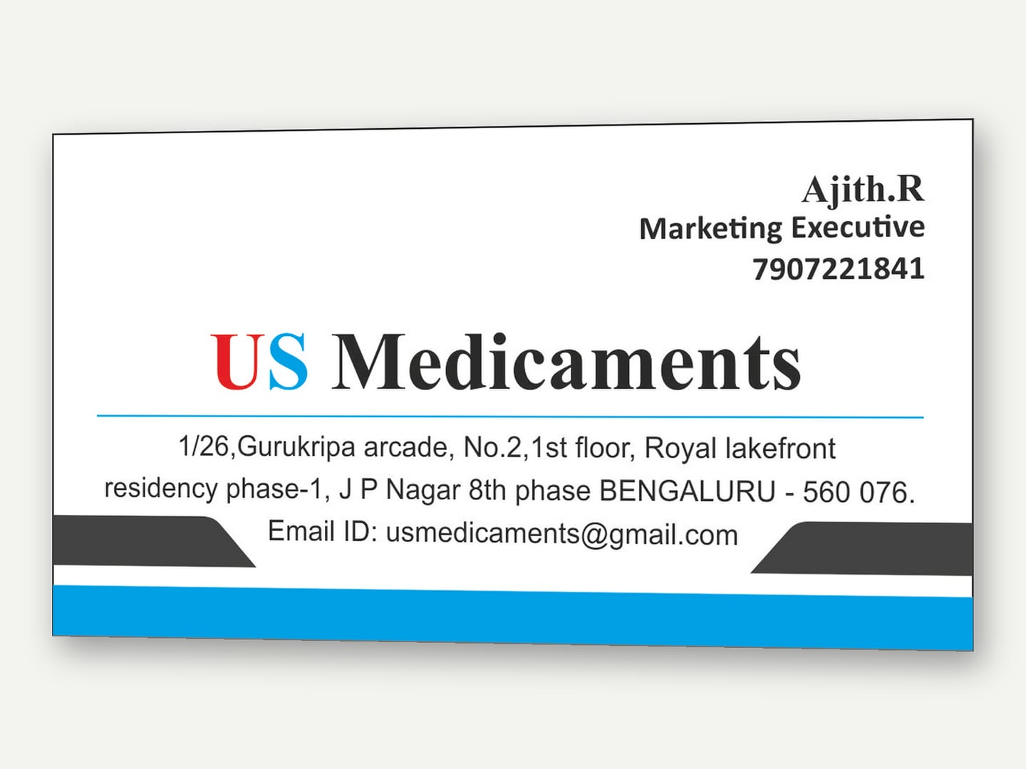 US Medicaments — Business card — Stationery designed and printed by Daffodil Design & Prints, Bengaluru