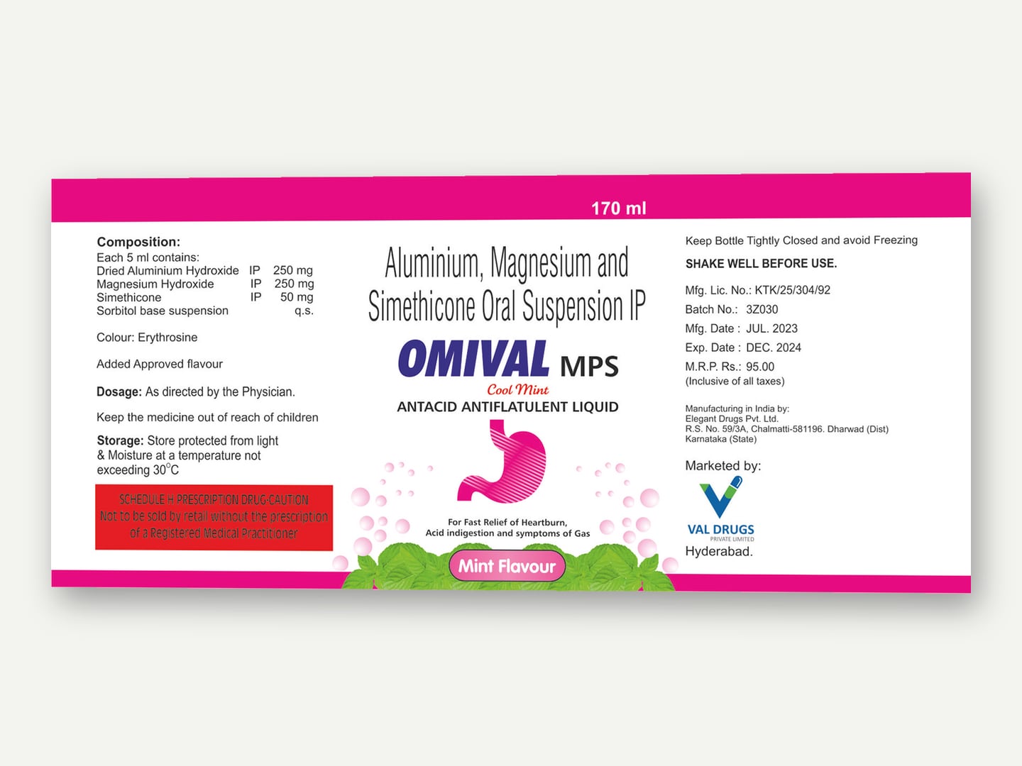 Val Drugs — Omival MPS suspension label — Label designed and printed by Daffodil Design & Prints, Bengaluru