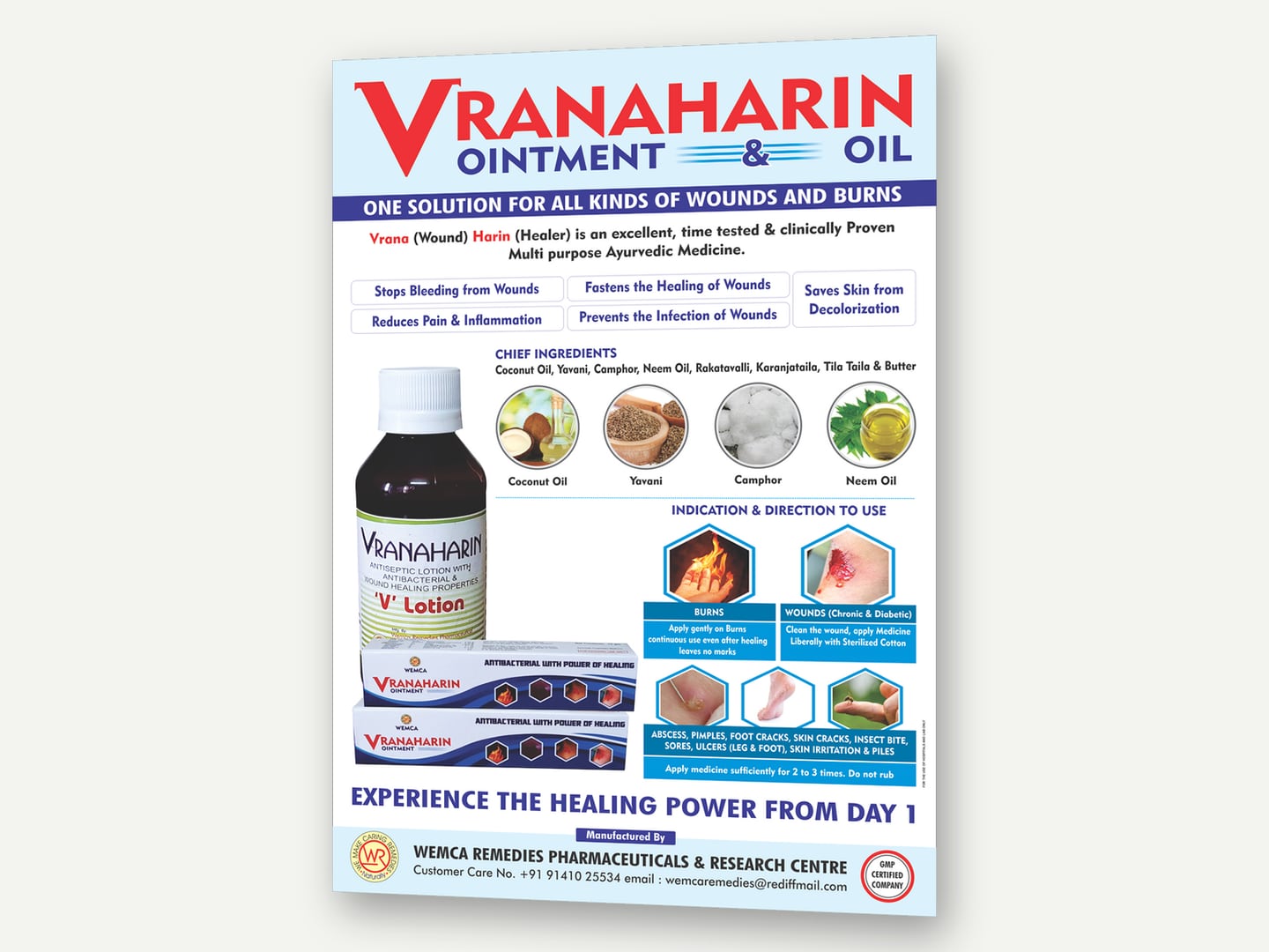 Wemca Remedies — Vranaharin product poster — Poster designed and printed by Daffodil Design & Prints, Bengaluru