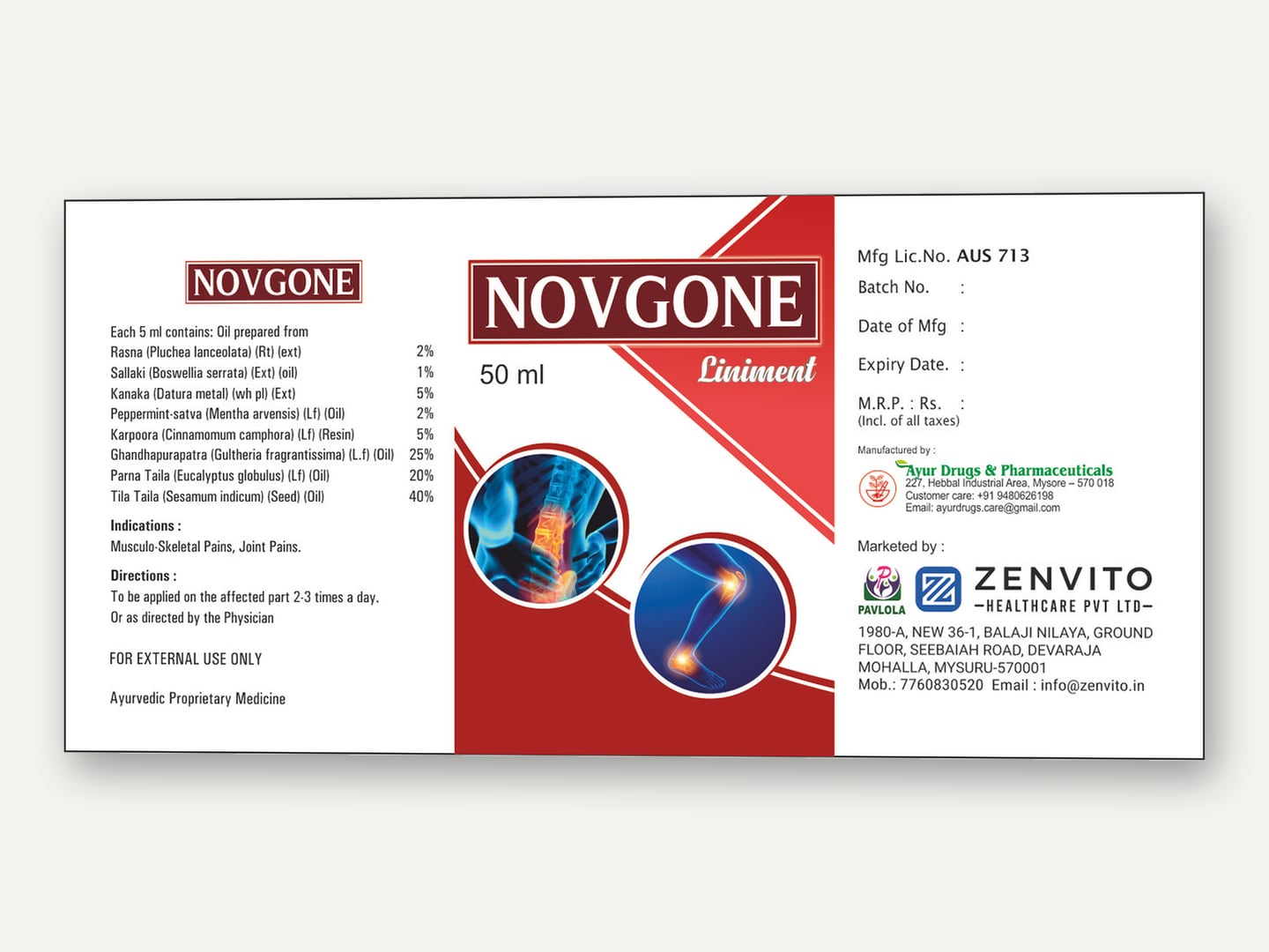 Zenvito Health Care — Novgone liniment label — Label designed and printed by Daffodil Design & Prints, Bengaluru