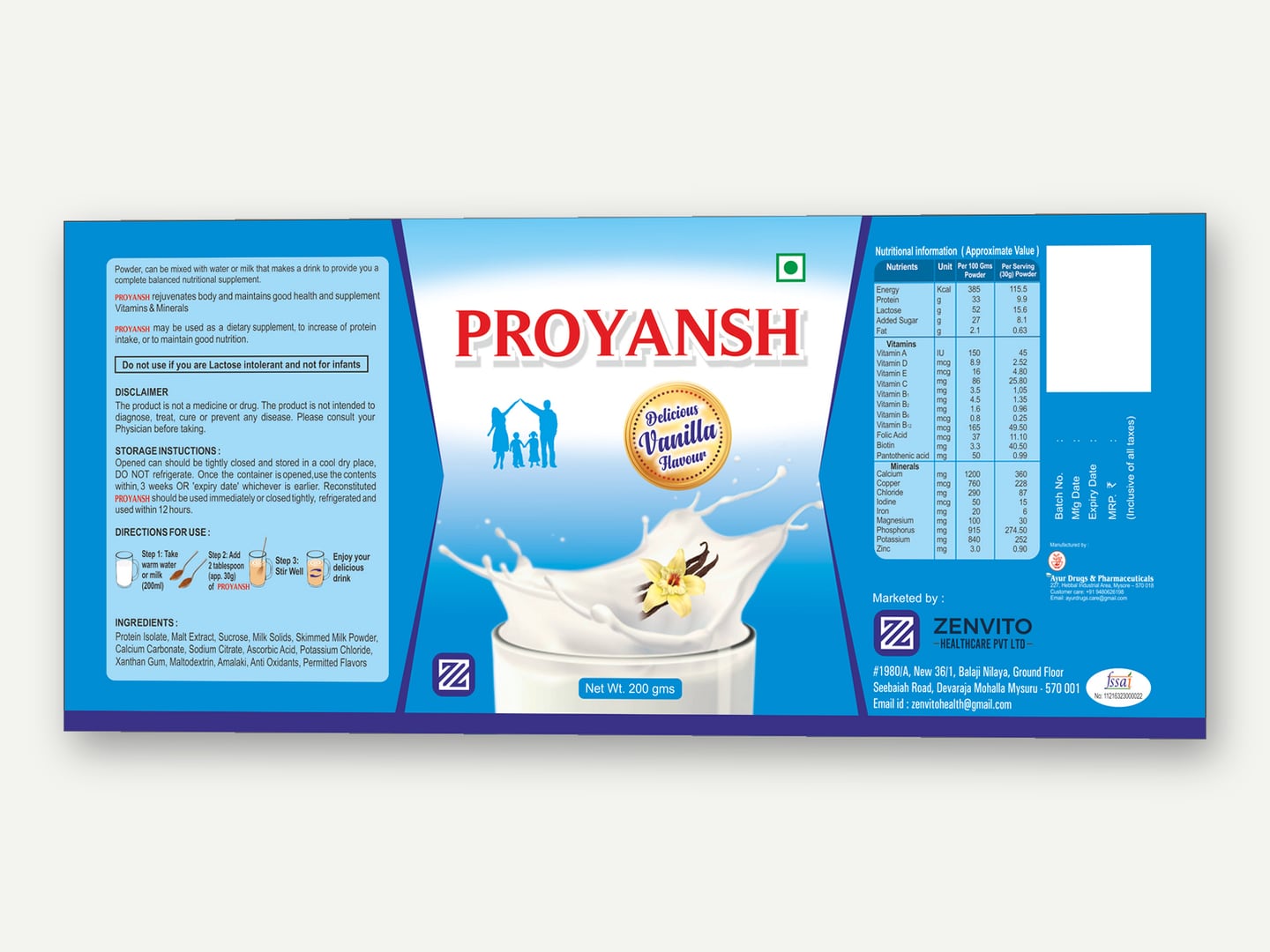 Zenvito Health Care — Proyansh protein powder label — Label designed and printed by Daffodil Design & Prints, Bengaluru
