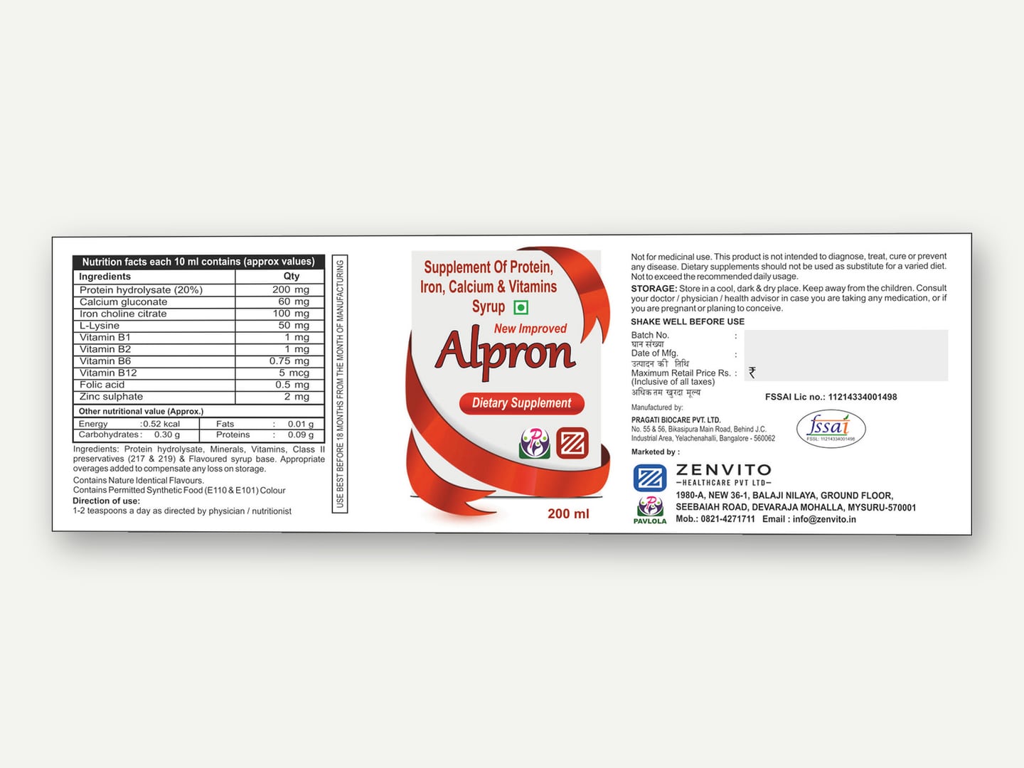 Zenvito Health Care — Alpron syrup label — Label designed and printed by Daffodil Design & Prints, Bengaluru