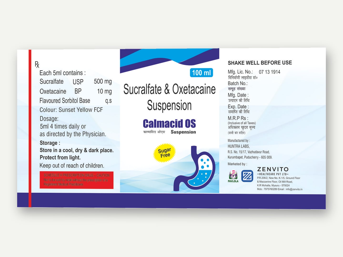 Zenvito Health Care — Calmacid OS suspension label — Label designed and printed by Daffodil Design & Prints, Bengaluru