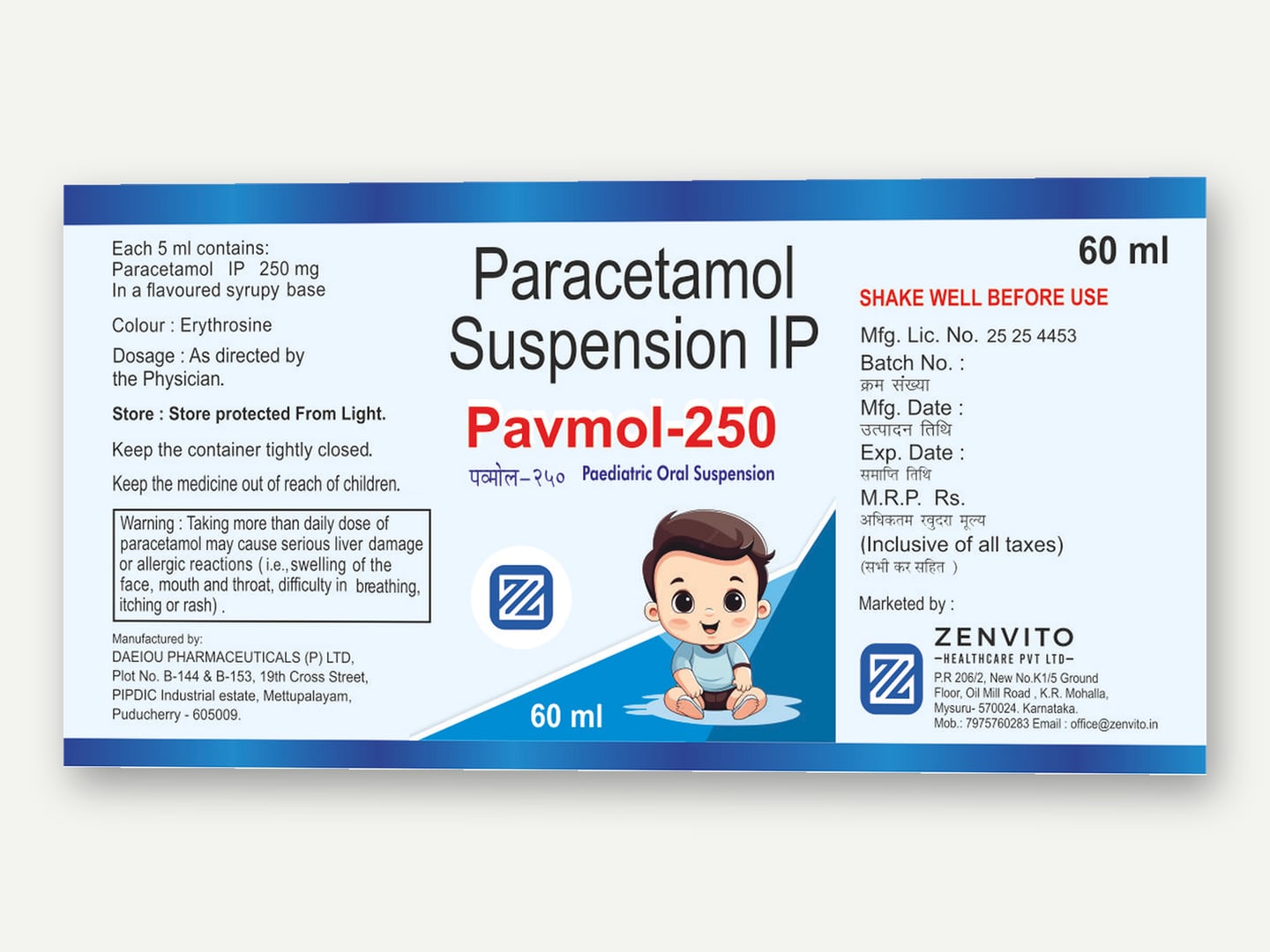 Zenvito Health Care — Pavmol-250 suspension label — Label designed and printed by Daffodil Design & Prints, Bengaluru