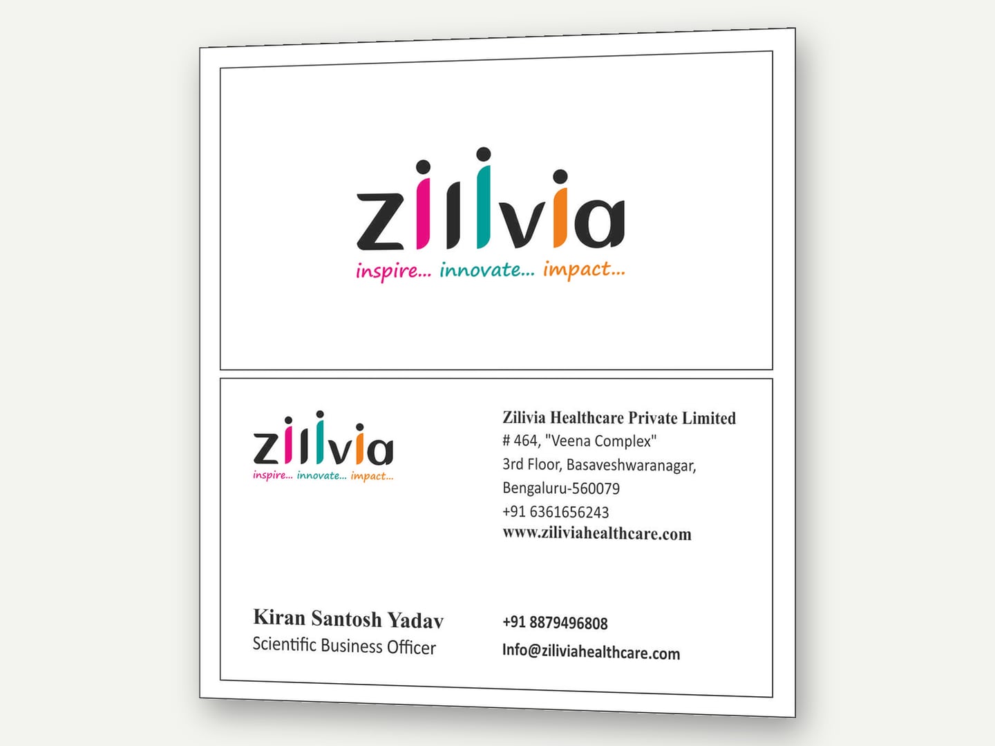 Zilivia Healthcare — Business cards — Stationery designed and printed by Daffodil Design & Prints, Bengaluru